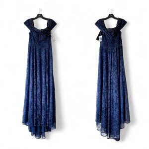 Alexander By Daymor Beaded Gown Maxi Slit Dress Wedding Off-Shoulder Navy 6 NWT